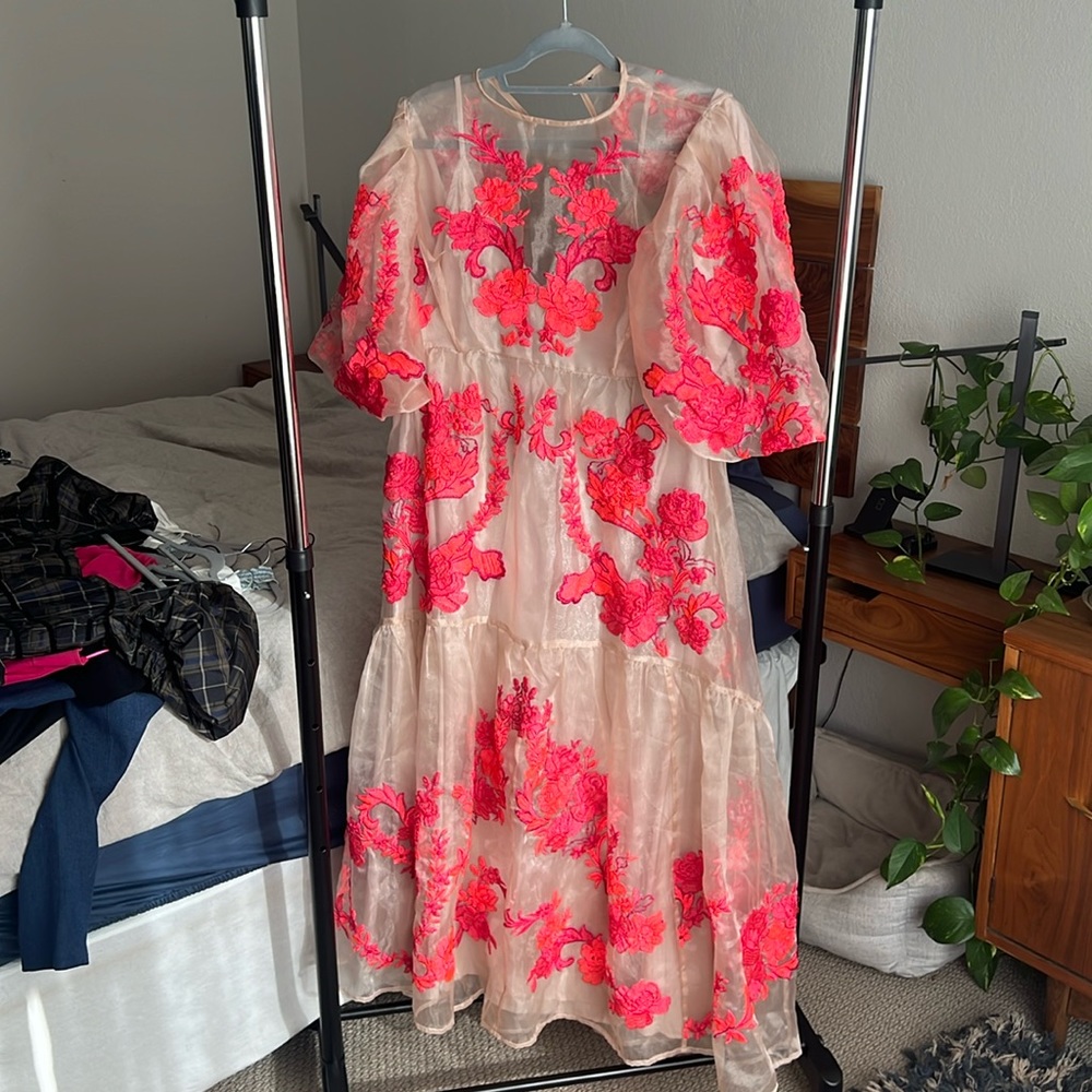 ASOS Pink & Nude Balloon Sleeve Midi Dress